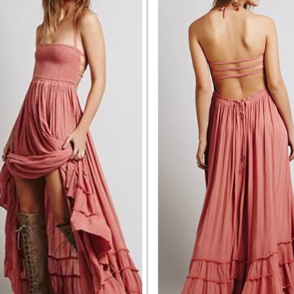 Pink Backless Halter Maxi Boho Summer Dress